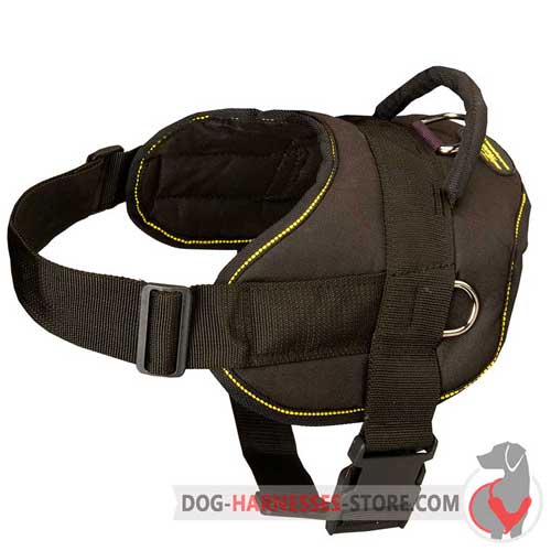 Strong nylon dog harness with side rings for pulling