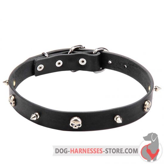 Rock Design Leather Dog Collar 25 mm Wide with Nickel Plated Spikes and Skulls
