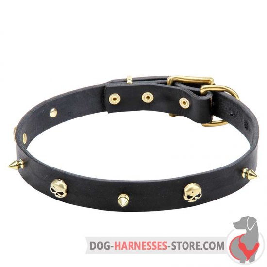 Rock Design Leather Dog Collar 25 mm Wide with Brass Spikes and Skulls