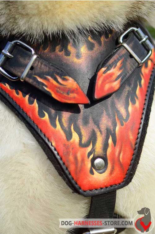 Padded Dog Harness Chest Plate Painted with Fire Flames