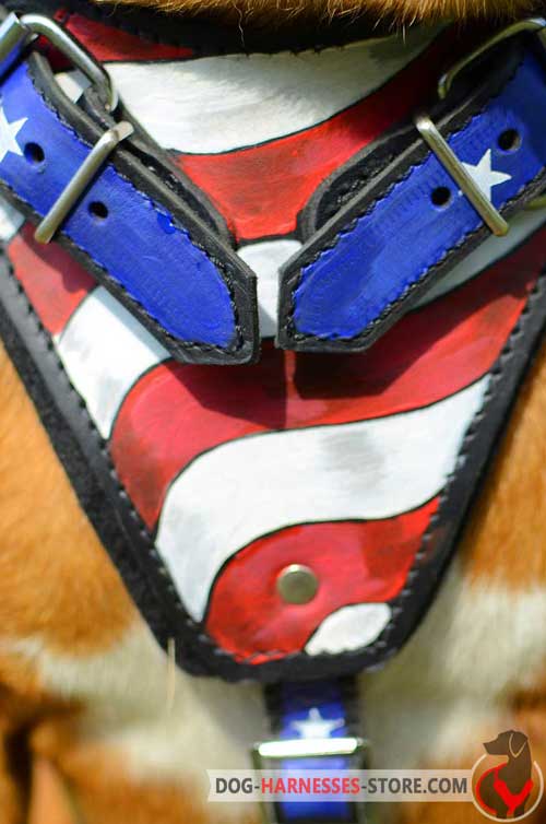 Handpainted american Pride leather dog harness 