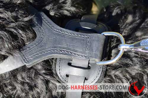 Leather dog harness equipped with durable hardware