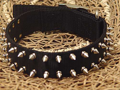 Black nylon spiked dog collar-2 Rows of spikes collar