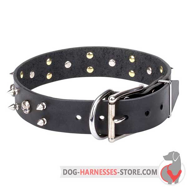 Black Leather Dog Collar Decorated with Nickel Plated Spikes and Skulls