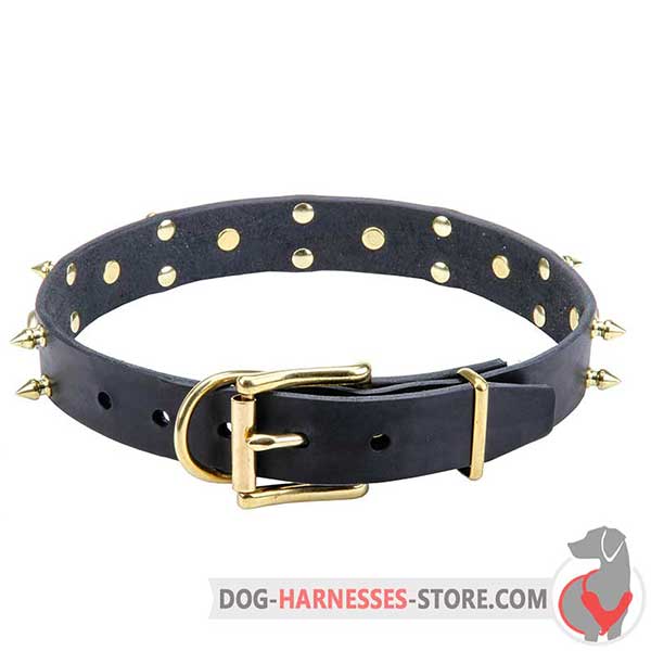 Buckle Leather Dog Collar Decorated with Brass Spikes and Skulls