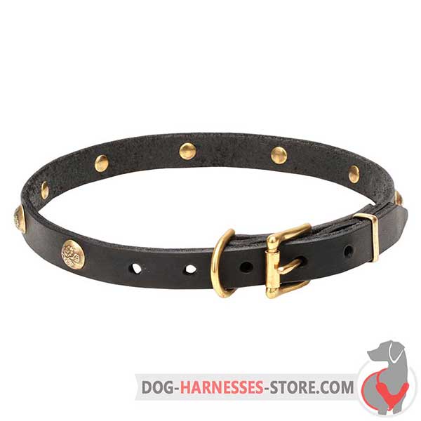Buckle Leather Dog Collar Decorated with Floral Brass Studs