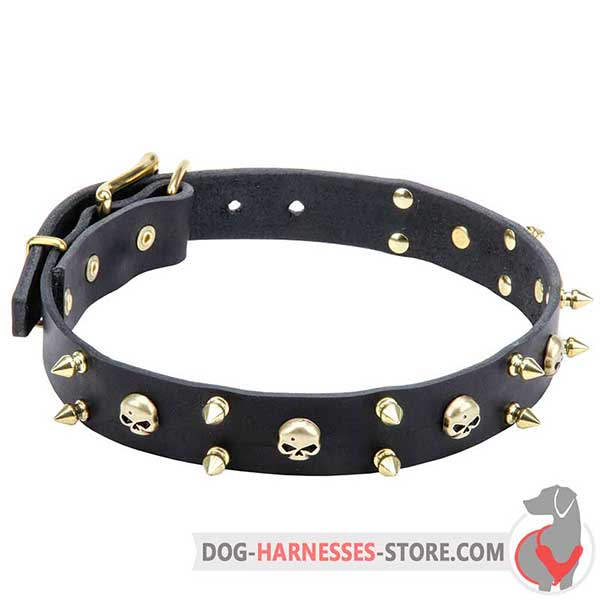 Leather Dog Collar Decorated with Brass Skulls and 2 Rows of Spikes