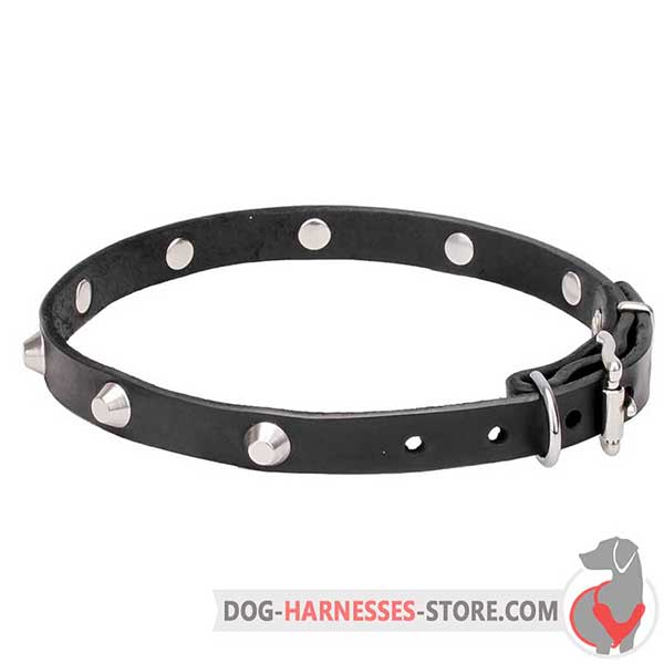 Slim Leather Dog Collar with Chrome Plated Pyramids