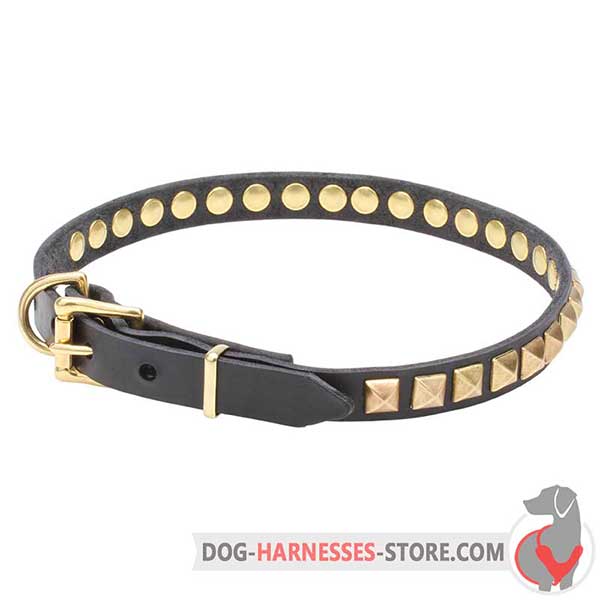 Slim Leather Dog Collar with Riveted Brass Square Studs